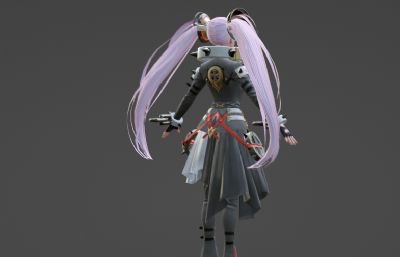 双马尾萝莉女战士,游戏角色blender模型