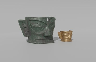 PBR三星堆青铜面具文物,青铜器blender模型,4K贴图