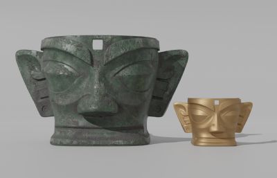 PBR三星堆青铜面具文物,青铜器blender模型,4K贴图