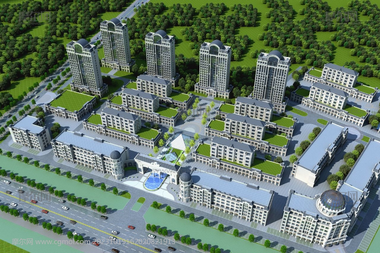欧式商业办公酒店,欧式商业公寓园区3dmax模型