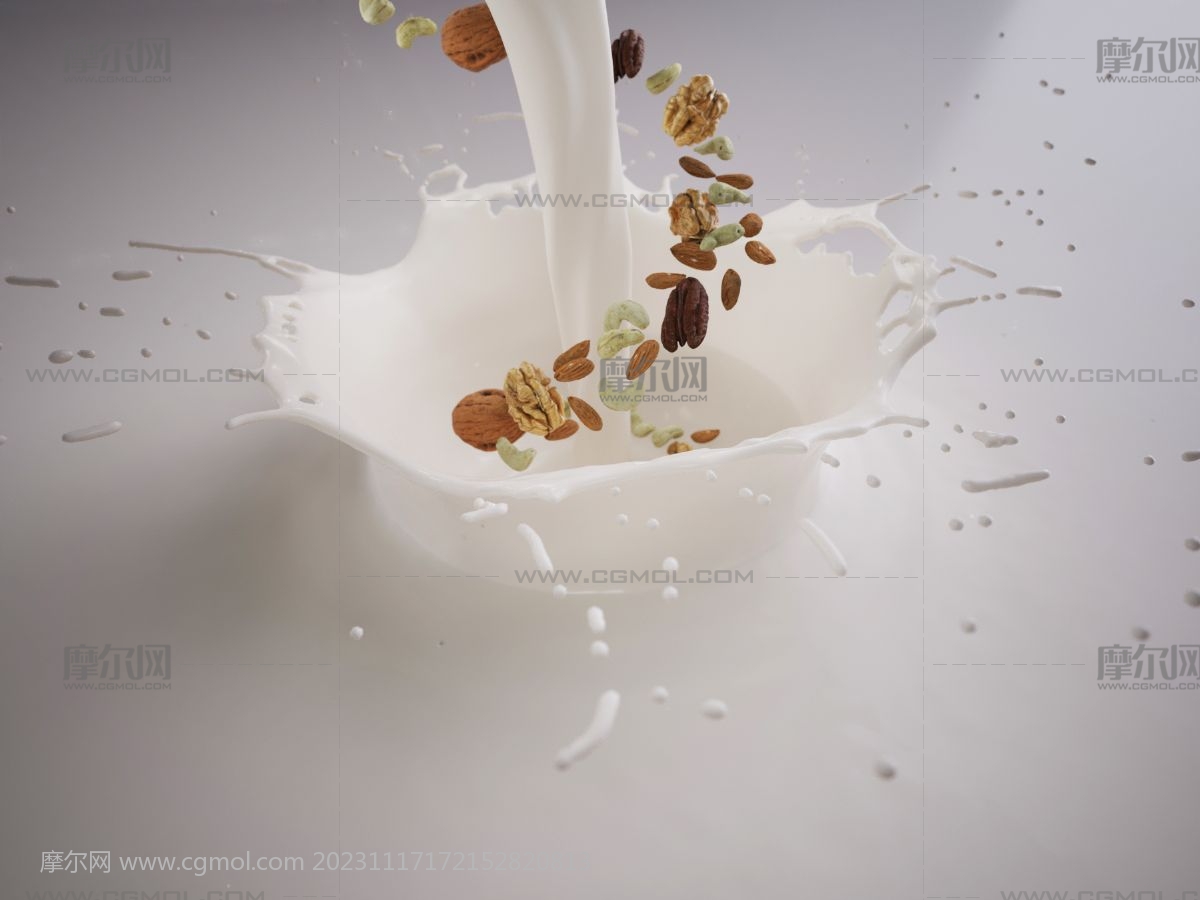 牛奶水花喷溅,坚果牛奶交融画面3dmax模型