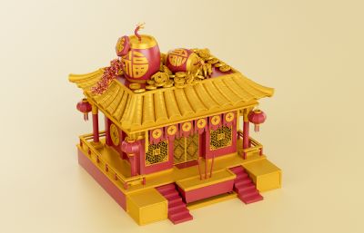 卡通财神庙,虎福庙,中国风新年喜庆场景