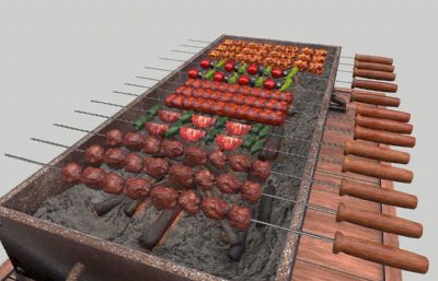 3D烧烤肉和蔬菜,桌面烤串