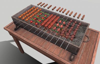 3D烧烤肉和蔬菜,桌面烤串