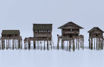 渔村木屋,古代渔村木头房子blender模型2