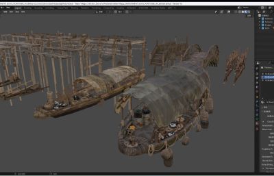 古代渔船,木筏,码头等组合blender模型