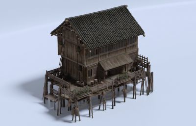 渔村木屋,古代渔村木头房子blender模型