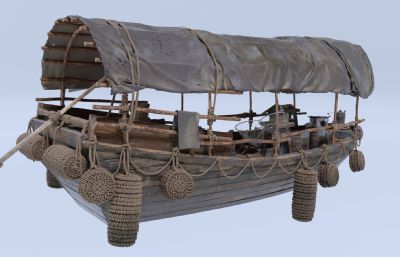 古代渔船,木筏,码头等组合blender模型