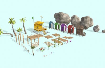 卡通海边木屋,树木,石头组合OBJ模型