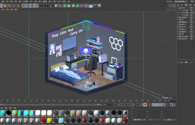 卡通电竞卧室,电竞房,电竞小屋C4D模型,带RGB动画效果