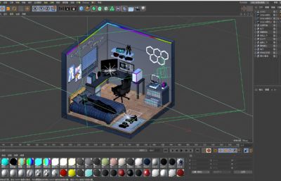 卡通电竞卧室,电竞房,电竞小屋C4D模型,带RGB动画效果