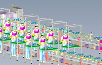 产品组装倍速链流水线+生产工人solidworks模型