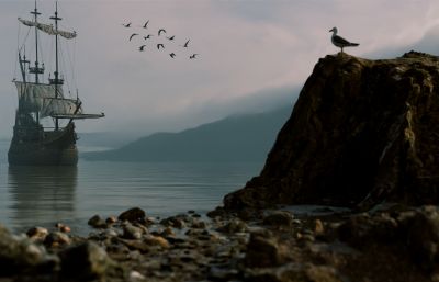 停泊在海湾的帆船+石头海鸥风光场景