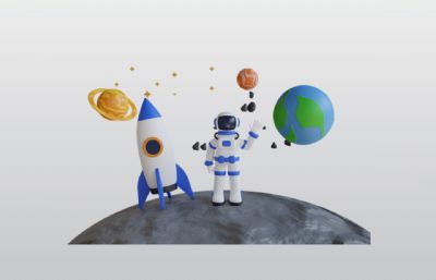 在月球上的宇航员火箭行星3D插图