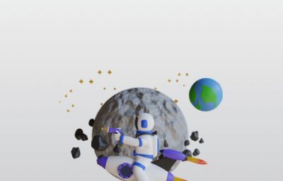 宇航员在太空手持激光枪,乘坐火箭blender模型