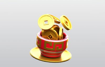 中国碗与金币3D图标