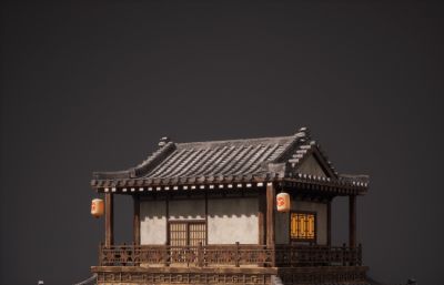 国风酒楼客栈模型白模