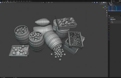 中世纪木桶木框水果摊/菜市场场景道具