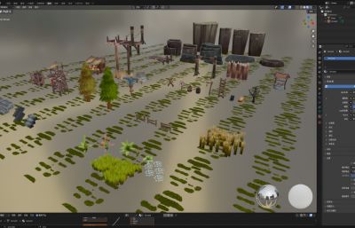 手绘风格的中世纪山/木桩/岩石/树/草地/台阶/塔楼/水井等场景道具