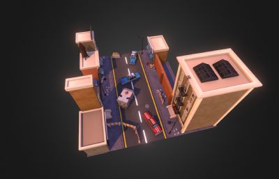 废弃城市社区街道场景  城市拥挤街道一角卡通风格场景