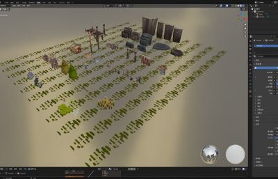 手绘风格的中世纪山/木桩/岩石/树/草地/台阶/塔楼/水井等场景道具