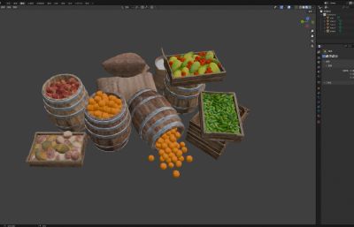中世纪木桶木框水果摊/菜市场场景道具