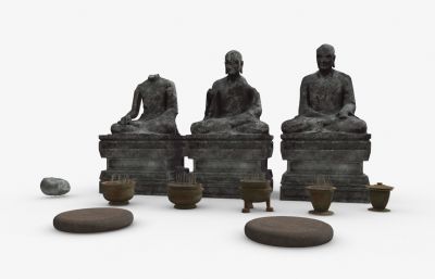 寺庙里破损的打坐佛像雕像模型