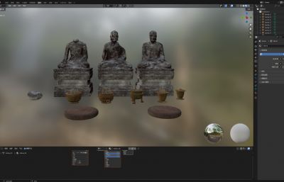 寺庙里破损的打坐佛像雕像模型