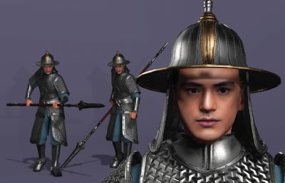 写实风格《三国演义》银盔银甲赵云3d模型,有一套持枪连招攻击,多格式
