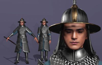 写实风格《三国演义》银盔银甲赵云3d模型,有一套持枪连招攻击,多格式