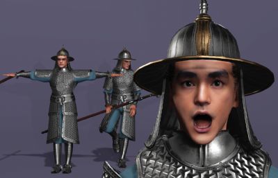 写实风格《三国演义》银盔银甲赵云3d模型,有一套持枪连招攻击,多格式