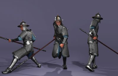 写实风格《三国演义》银盔银甲赵云3d模型,有一套持枪连招攻击,多格式