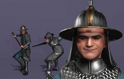 写实风格《三国演义》银盔银甲赵云3d模型,有一套持枪连招攻击,多格式