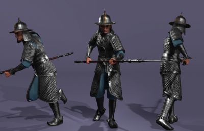 写实风格《三国演义》银盔银甲赵云3d模型,有一套持枪连招攻击,多格式