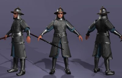 写实风格《三国演义》银盔银甲赵云3d模型,有一套持枪连招攻击,多格式