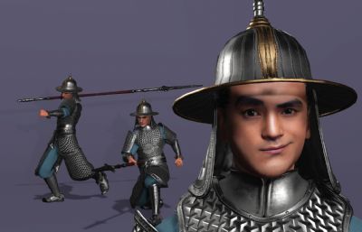 写实风格《三国演义》银盔银甲赵云3d模型,有一套持枪连招攻击,多格式