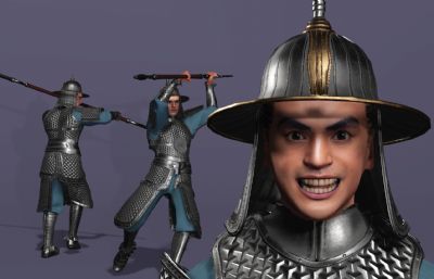 写实风格《三国演义》银盔银甲赵云3d模型,有一套持枪连招攻击,多格式