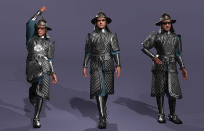 写实风格《三国演义》银盔银甲赵云3d模型,有一套持枪连招攻击,多格式