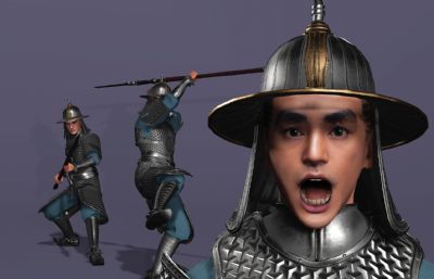 写实风格《三国演义》银盔银甲赵云3d模型,有一套持枪连招攻击,多格式