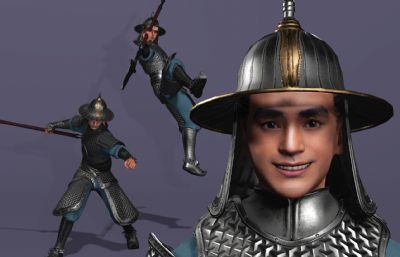 写实风格《三国演义》银盔银甲赵云3d模型,有一套持枪连招攻击,多格式