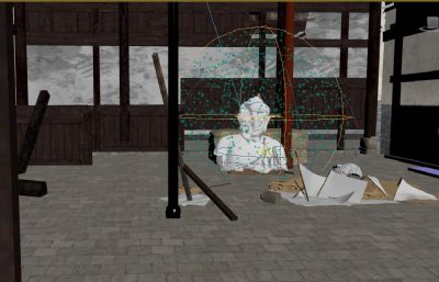 破损佛像,寺庙废墟场景