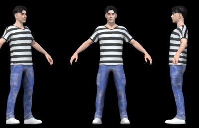 条纹T恤牛仔裤男人