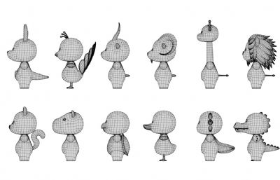卡通Q版动物合集包C4D模型,有绑定