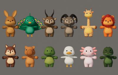 卡通Q版动物合集包C4D模型,有绑定