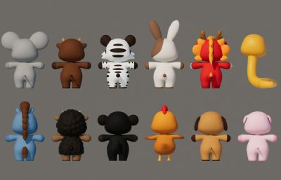 鼠 牛 虎 兔 龙 蛇 马 羊 猴 鸡 狗 猪等卡通动物合集,有绑定