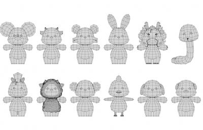 鼠 牛 虎 兔 龙 蛇 马 羊 猴 鸡 狗 猪等卡通动物合集,有绑定