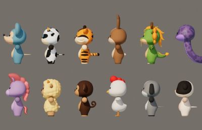 鼠 牛 虎 兔 龙 蛇 马 羊 猴 鸡 狗 猪等卡通动物合集,有绑定