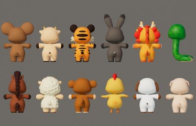 鼠 牛 虎 兔 龙 蛇 马 羊 猴 鸡 狗 猪等卡通动物合集,有绑定