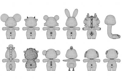 鼠 牛 虎 兔 龙 蛇 马 羊 猴 鸡 狗 猪等卡通动物合集,有绑定