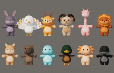 卡通Q版动物合集包C4D模型,有绑定